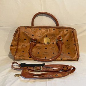 Authentic MCM Cognac Visetos Leather Handbag w/Cross-Strap